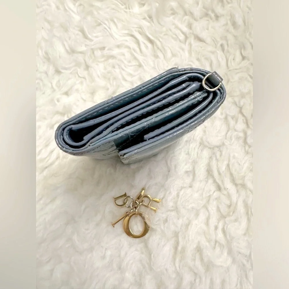 2024 CHRISTIAN DIOR Lotus Wallet Cloud Blue Patent Cannage Calfskin, Authentic
